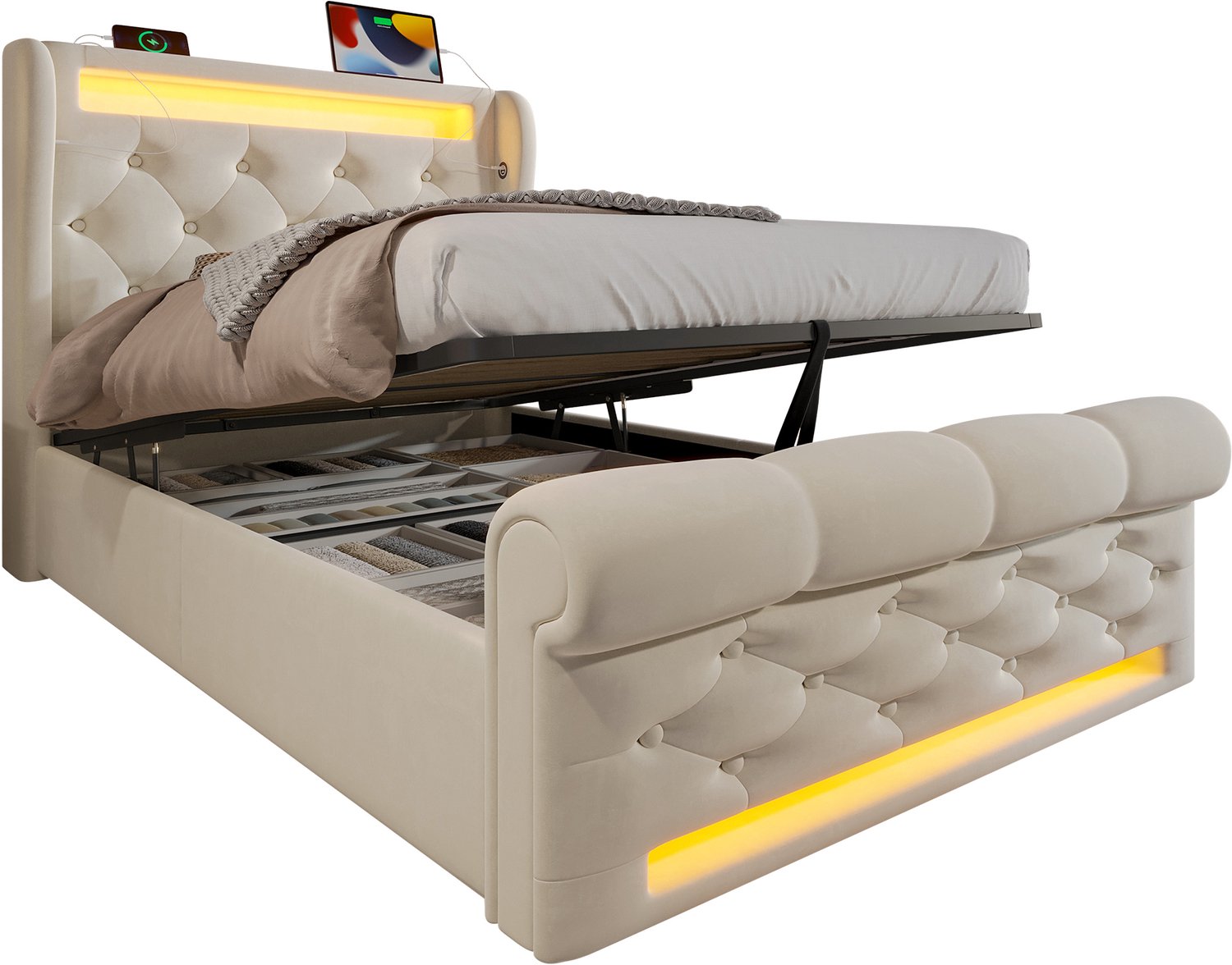 Gestoffeerd Eenpersoonsbed 90x200 cm - Met Matras, Hydraulische Opbergruimte En LED - Fluwelen Hoofdbord Met USB en Type-C - Beige