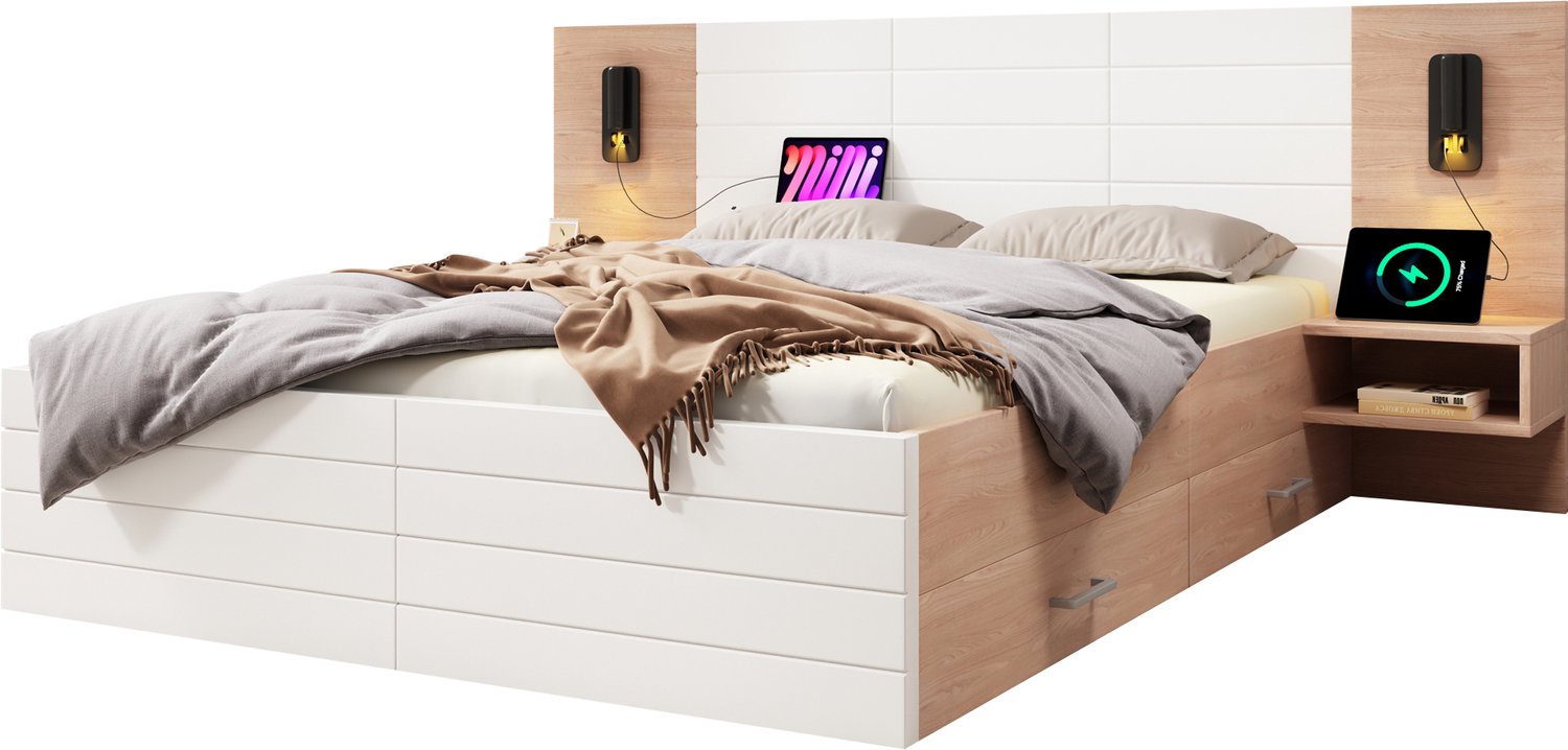 Tweepersoonsbed 160x200 cm - Bedset Met Twee Nachtkastjes En Twee Opberglades - Lattenbodem, Leeslamp En USB - Wit En Eikenkleur