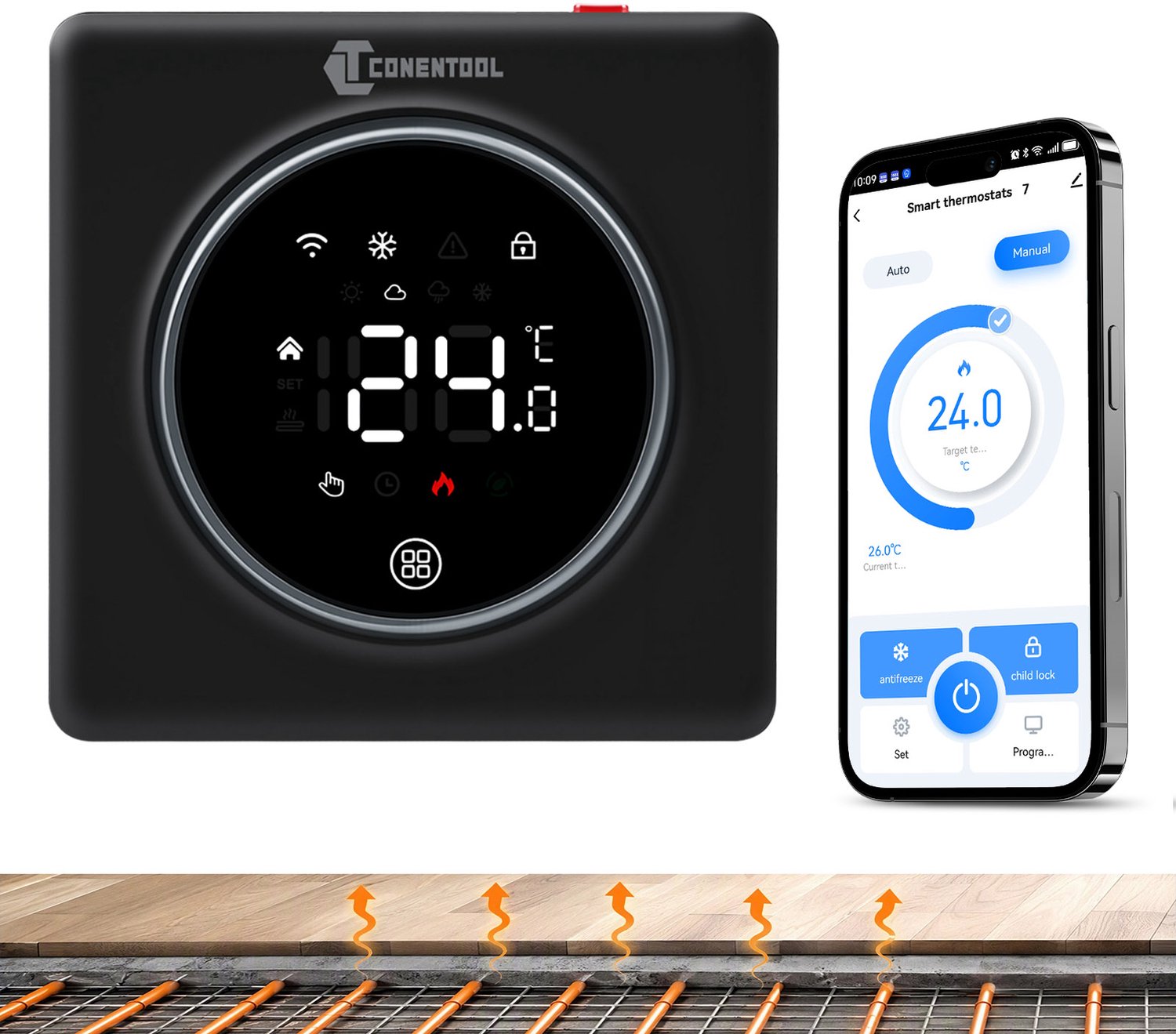 CONENTOOL WiFi Slimme Thermostaat - elektrische vloerverwarming - App & spraakbesturing - zwart - 16A