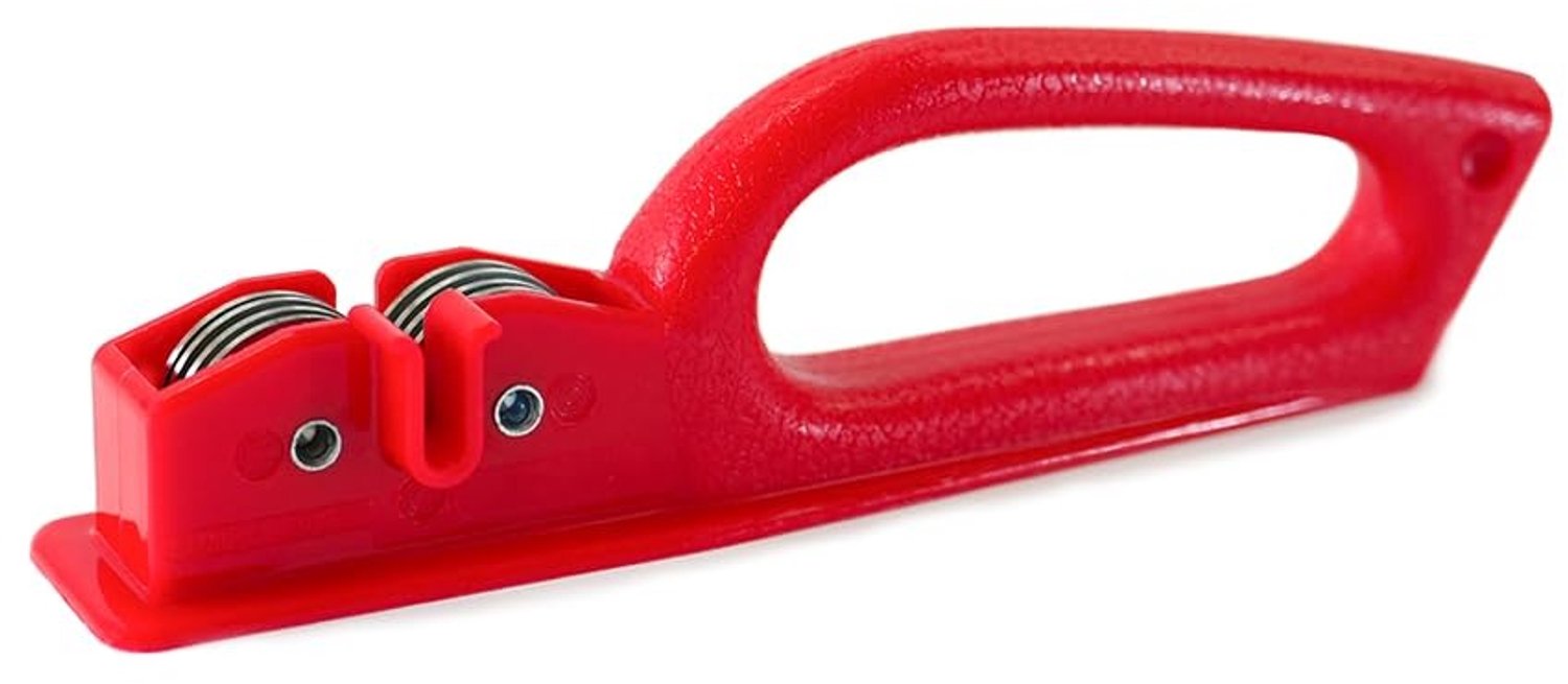 Famanu – Diamant-messenslijper van 19 cm met ergonomische handgreep, handmatige slijper voor tafelmessen in duurzame rode plastic behuizing