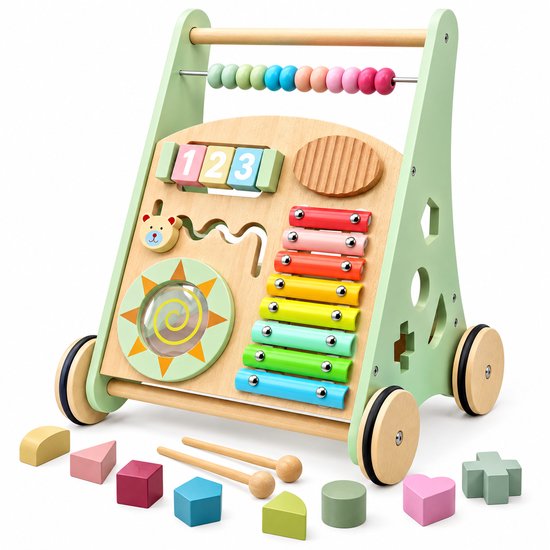 Loopwagen Hout voor Baby +/- 1 jaar | Babywalker | Educatieve looptrainer | Anti-Slip wieltjes | 38 x 32 x 46cm – Groen