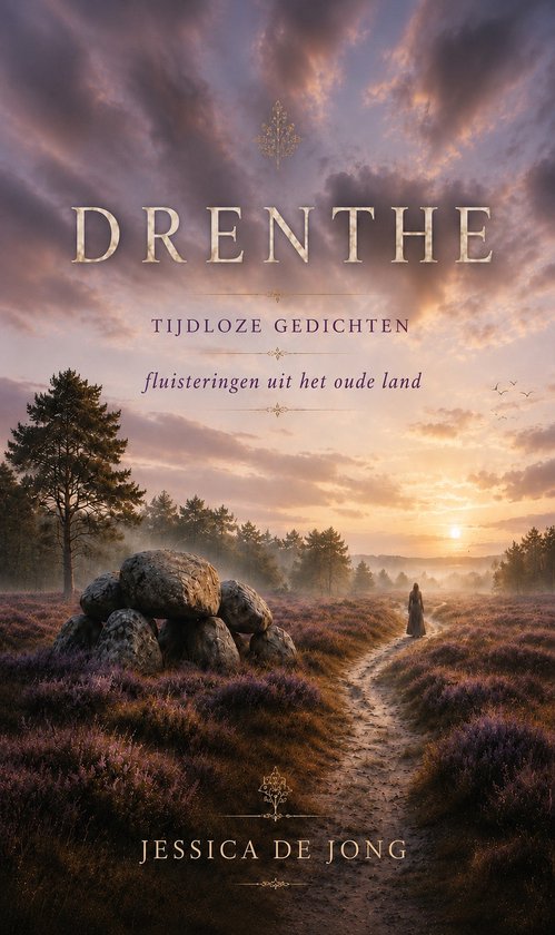 Boekomslag van Drenthe, met een hunebed in een paars heidelandschap bij zonsopgang en een vrouw op een zandpad.