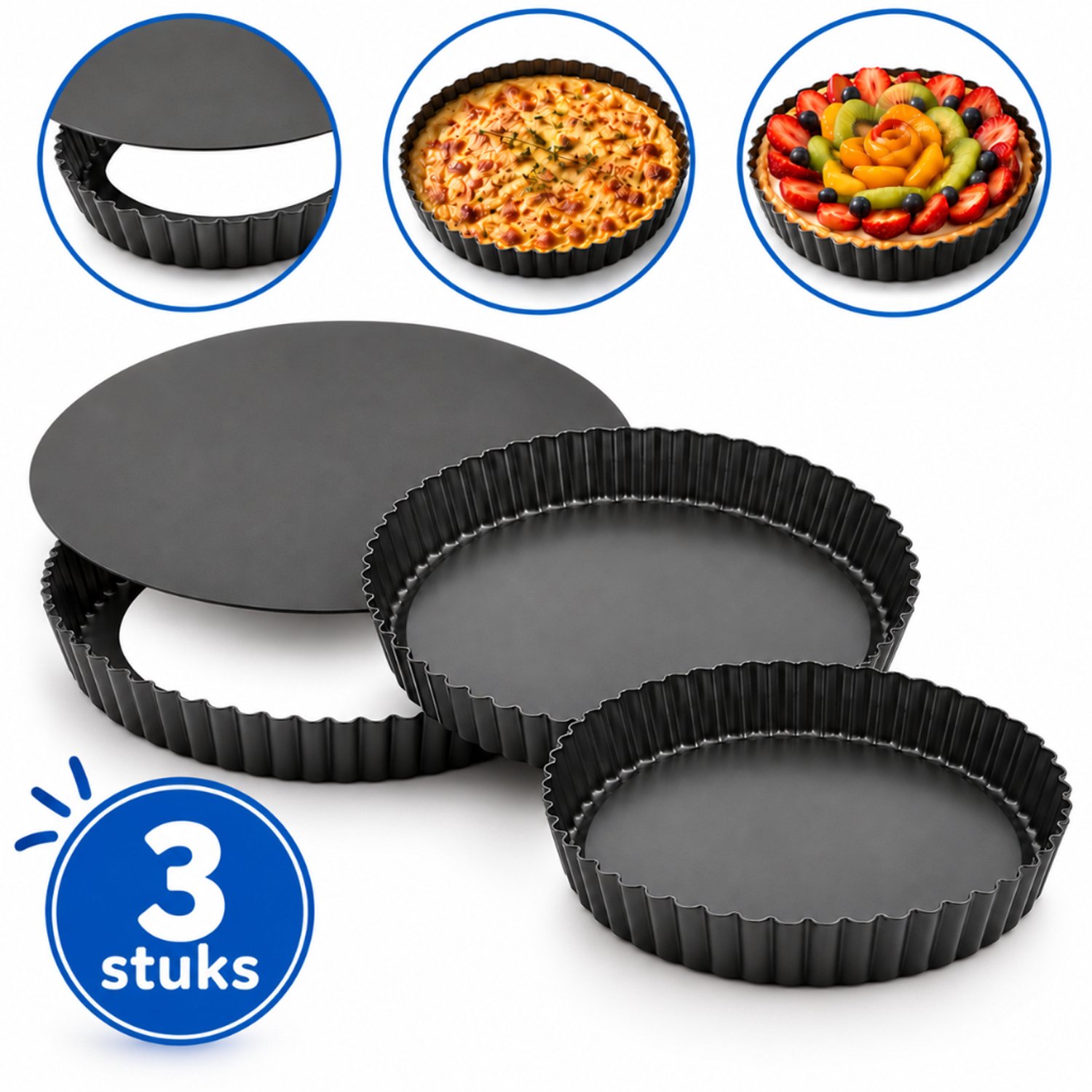 Tomec® Quichevorm Set 3 Stuks – Bakvormen met Losse Bodem Ø14, Ø20 en Ø26 cm voor Quiche en Taart