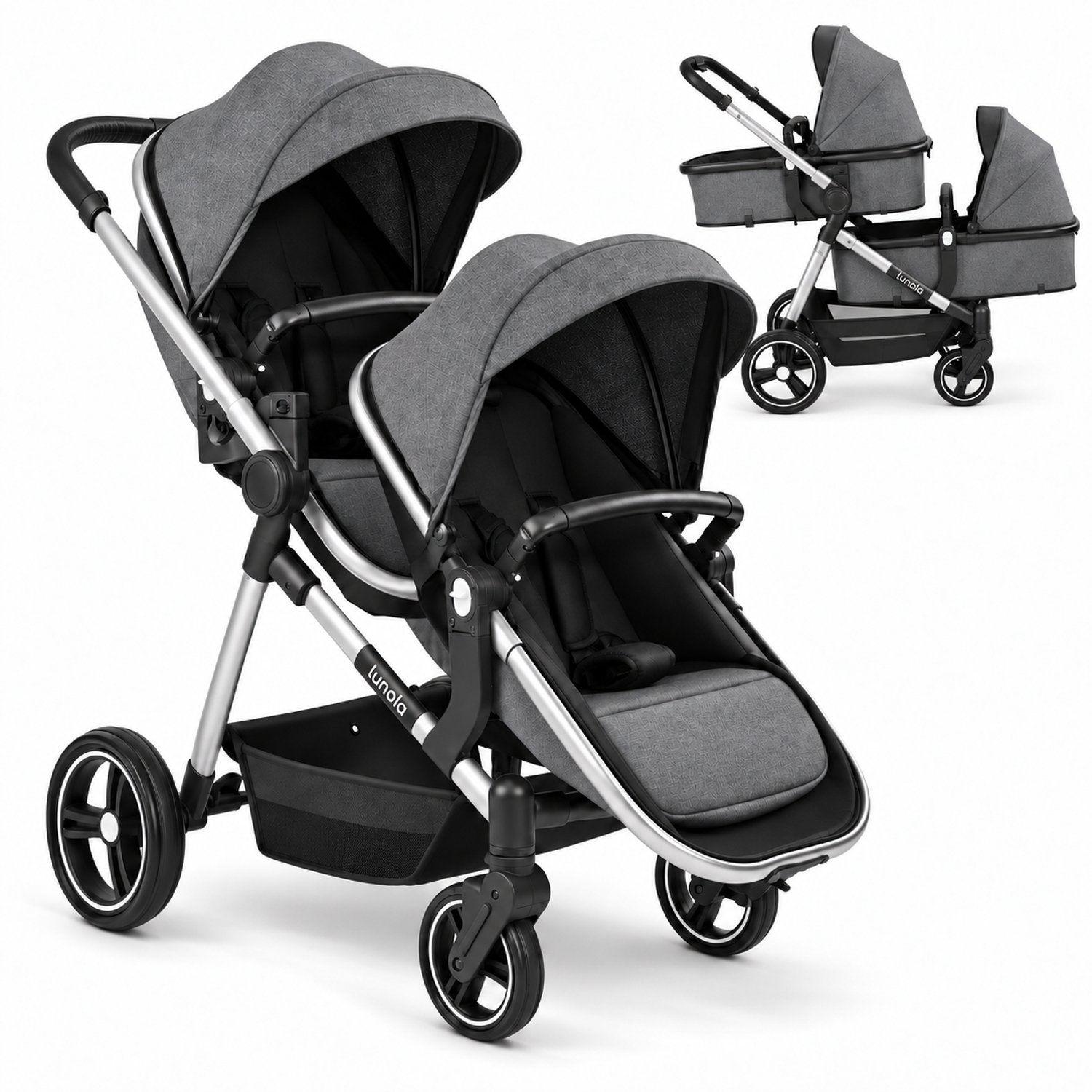 Lunola Noah Duo Kinderwagen - Dubbele Buggy voor Tweeling of Baby en Peuter - Afneembaar Zitje - Compact en Opvouwbaar - Donker Grijs