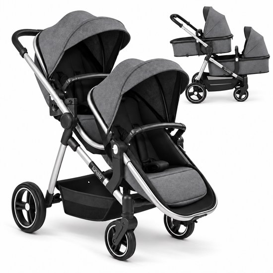 Grijze Lunola duokinderwagen met zitjes, met een inzetstuk met twee reiswiegen achter elkaar.