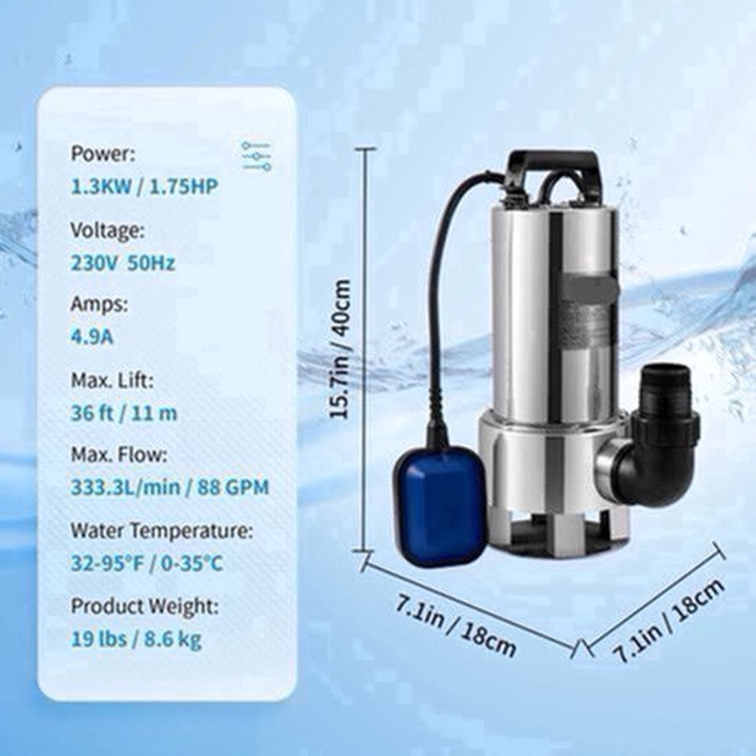 Dompelpomp - Waterpomp - Pomp - Vuilwaterpomp - 1300W - RVS - 20000L/H - met 10 Meter Snoer - voor Kelder, Zwembad en Vijver