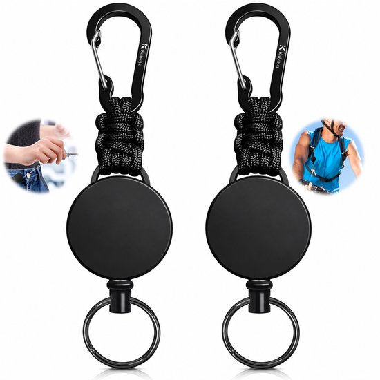 Deux porte-clés rétractables noirs avec paracorde et mousqueton, entourés de petits encarts montrant l'utilisation.
