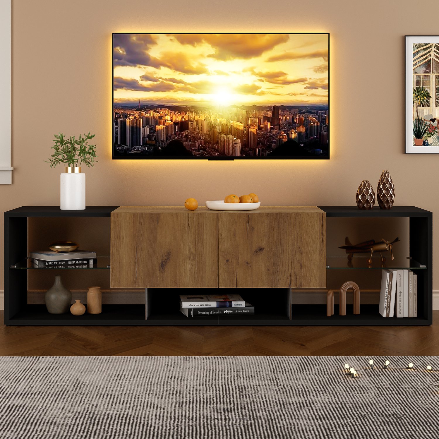 TV-meubel 160 cm met LED-verlichting-afstandsbediening, 2 lades en glazen plank voor tv tot 70 inch - Zwart en naturel