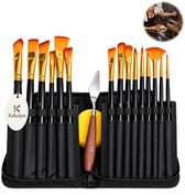 Kaiyaya - Schilderspenselen set - 15 stuks nylon penselen, 1 paletmes en 1 schilderspons - Met opbergtas - Voor acrylverf en olieverf - Beginners en gevorderden