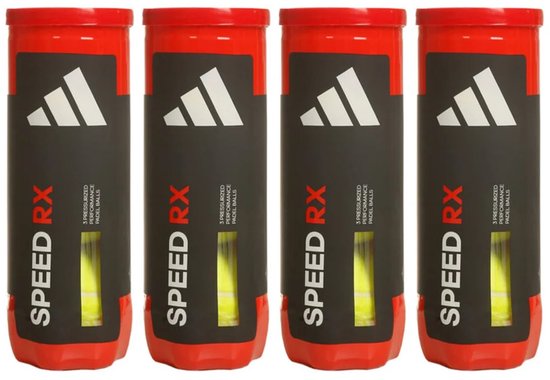 Vier rode kokers met Adidas Speed RX padelballen, elk met het witte Adidas-logo en tekst op een zwarte achtergrond.