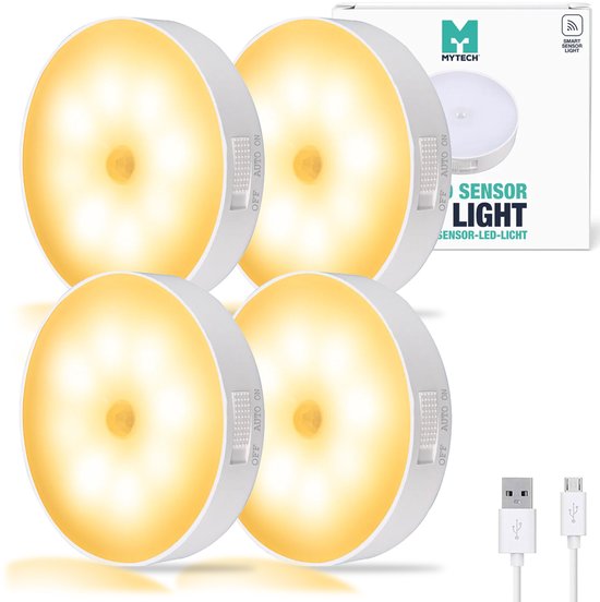 Vier ronde, witte MyTech smart sensor-led-lampen met warm wit licht, inclusief verpakking en USB-oplaadkabels.