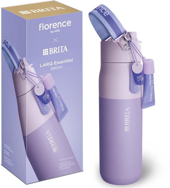Florence x Brita 680ml drinkfles in paars, getoond naast de bijbehorende productdoos.