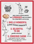 Illustraties over de beloften van Marcel's Green Soap: geur, gebruik en duurzaamheid.
