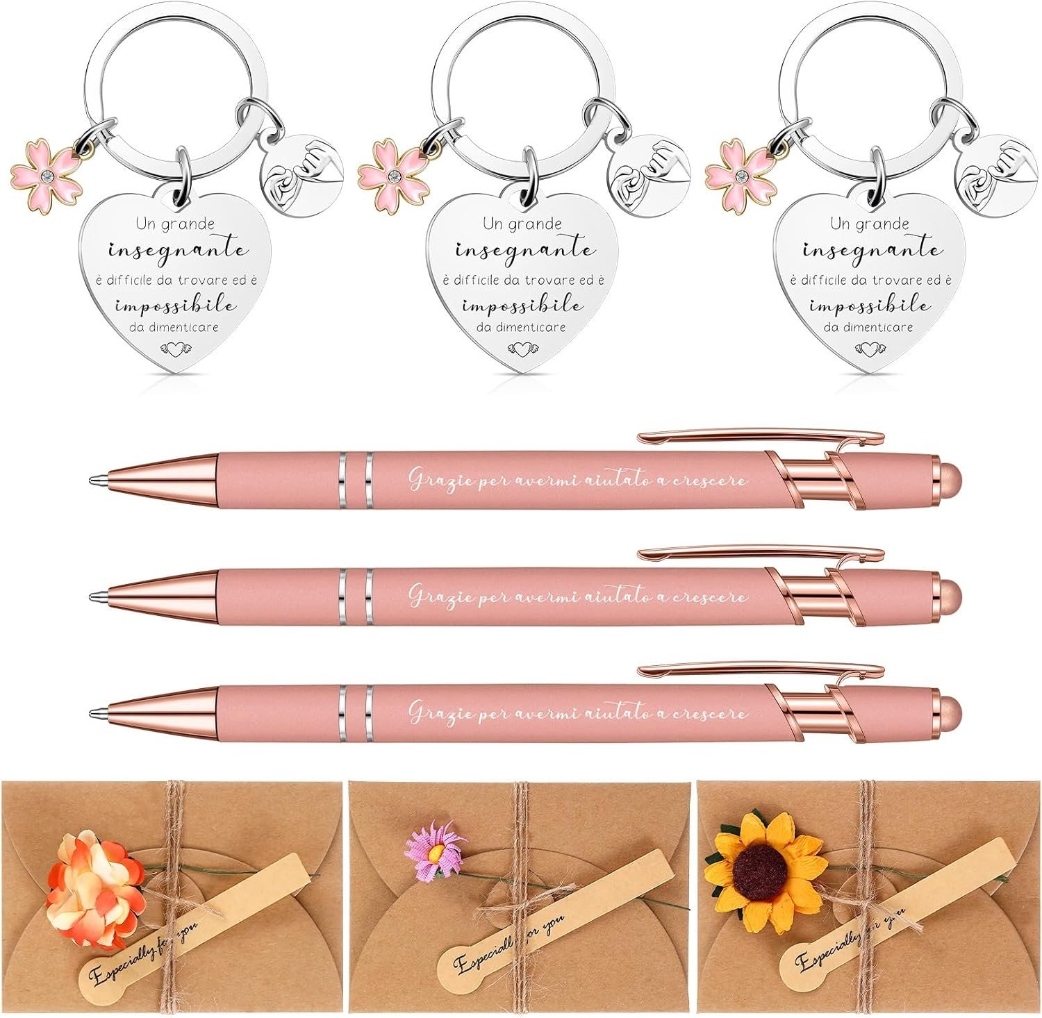 3 Gift Sets voor Leraren: Balpen, Sleutelhangers en Enveloppen met Gedroogde Bloemen als Bedankjes voor het Einde van het Schooljaar en Verjaardagen in de Basisschool