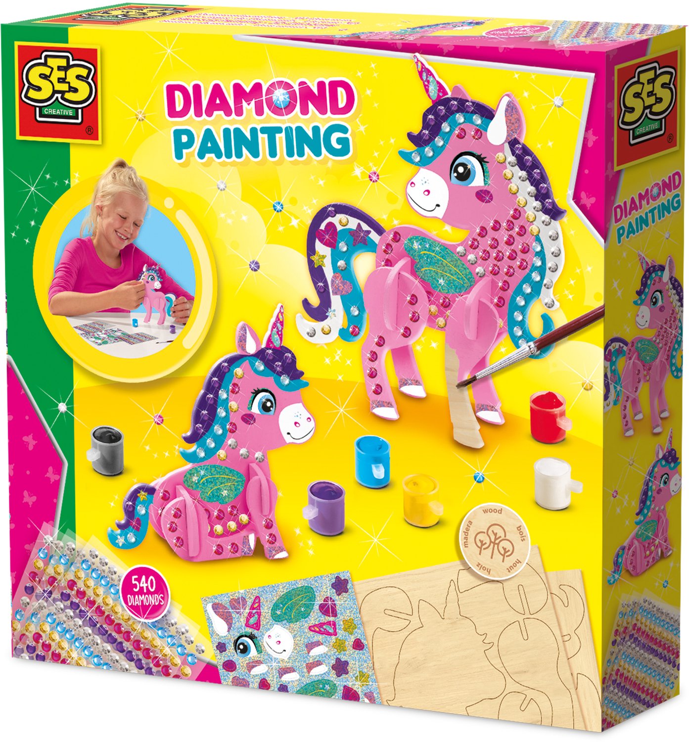 SES Creative Diamond Painting 3D Unicorns met Houten Onderdelen - Voor Meisjes vanaf 5 Jaar - Schoencadeautjes Sinterklaas