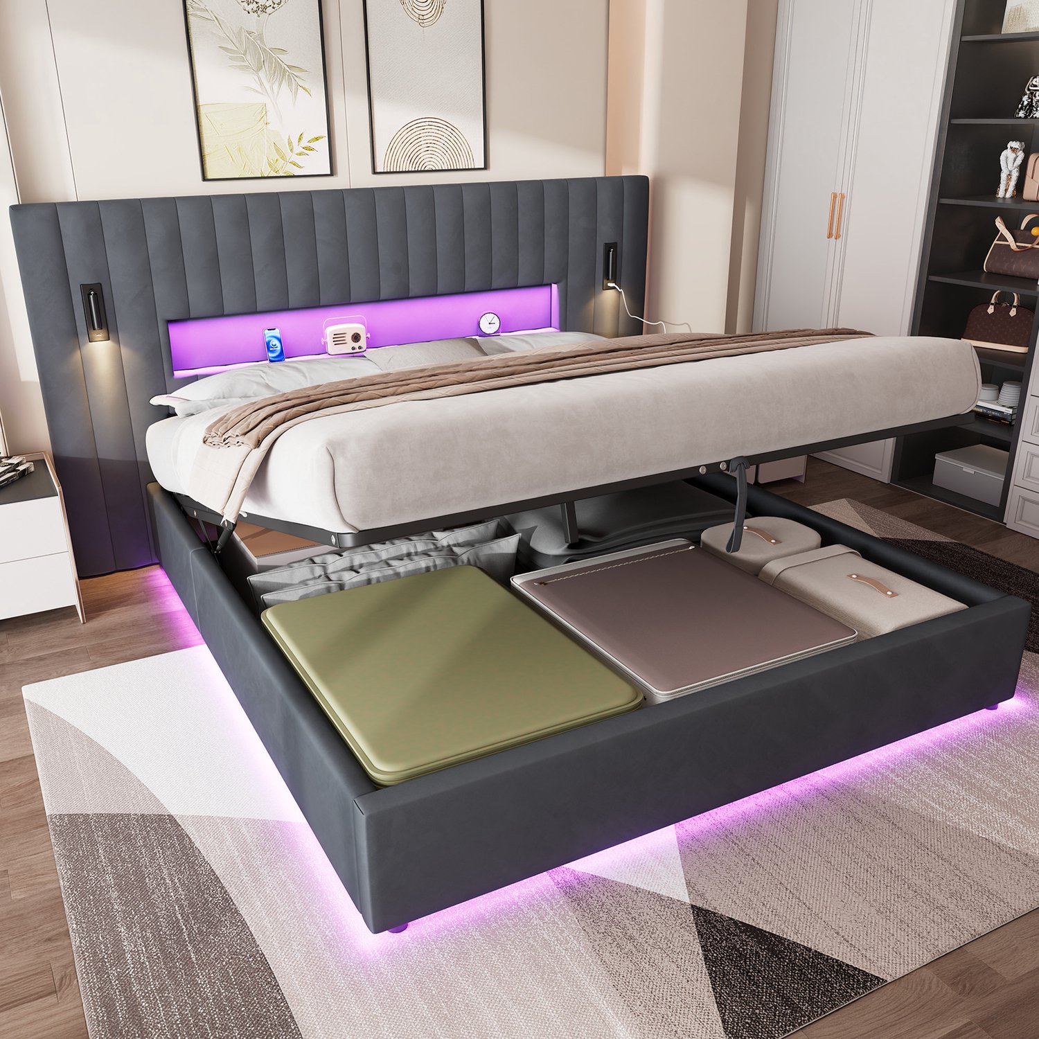 CHICFURN Gestoffeerd Bed 180x200 cm - Moderne slaapkamer - Hydraulische opbergruimte - Bedframe - Fluweel - Donkergrijs/grijs