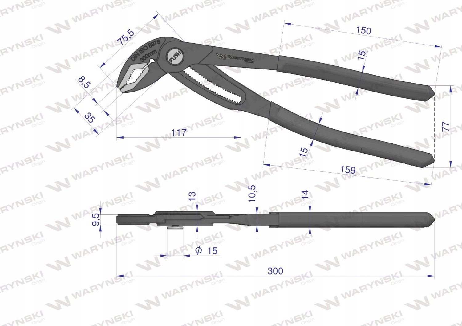 Waryński pijptang 300mm, verstelbaar, 70mm bekbreedte