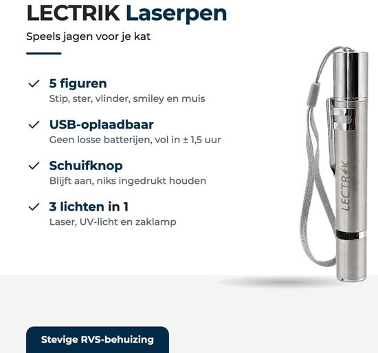 LECTRIK laserpen van roestvrij staal met polsbandje, inclusief kenmerken zoals 5 figuren en USB-oplaadbaarheid.