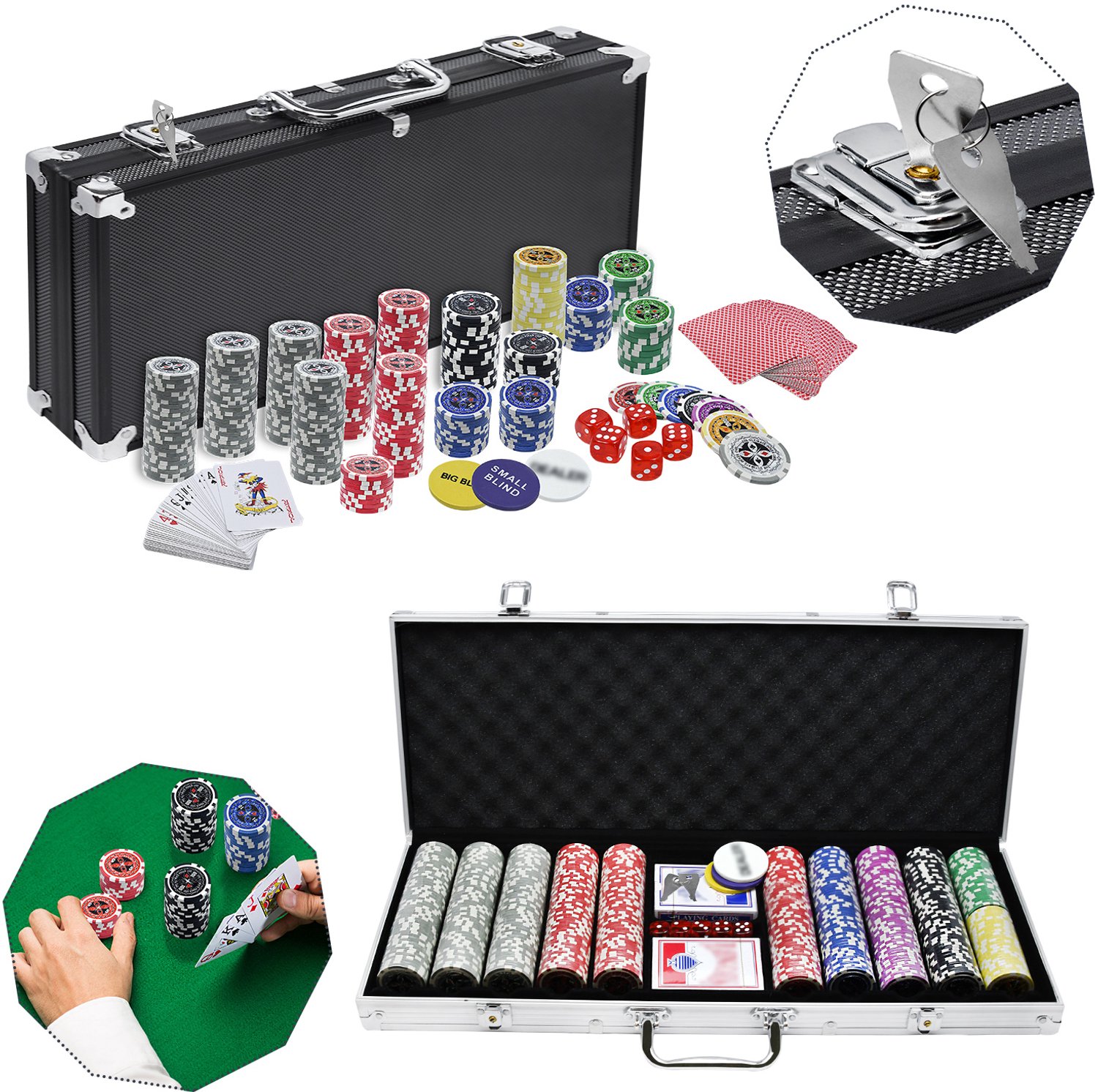 Aufun Pokerkoffer Poker - Zwart - Set 500 Laser Pokerchips 12 Gramm Metalen Kern - 3 Dealerknoppen, 5 Dobbelstenen, 2 Pokerdecks, 2 Sleutels, Aluminium Koffer voor Partyspel Texas Hold'em Poker.