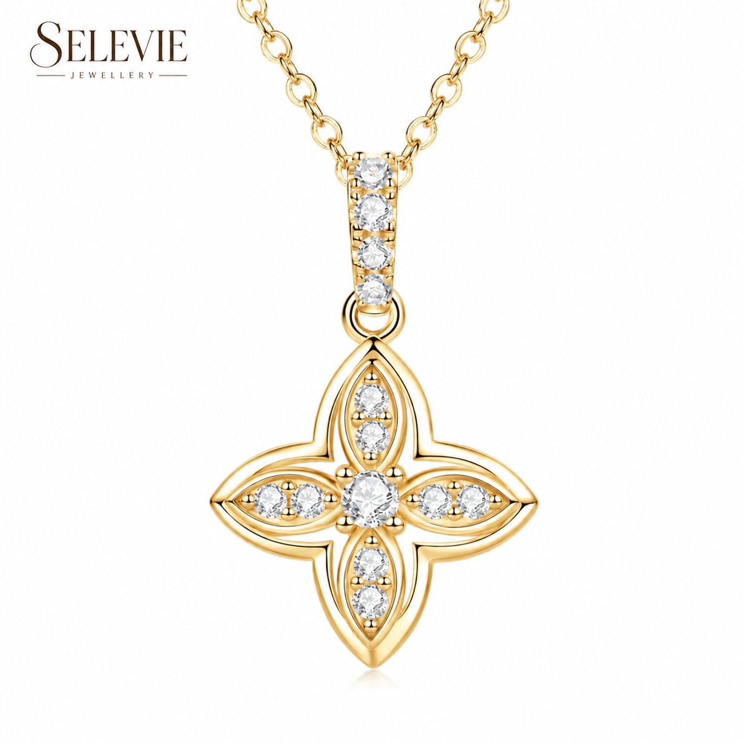 Selevie Ketting Goud met Klavertje 4 - Moissanite bezetting - Gold Plated - Four Leaf Clover necklace with Moissanite