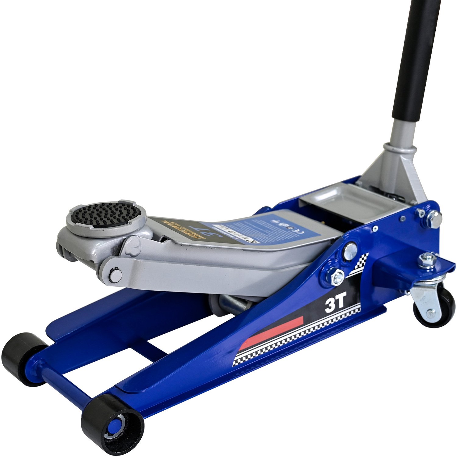 Hydraulische Garagekrik 3 Ton - Lage Krik Van 8,5 Tot 47,5 cm - Dubbele Pomp En 360° Zwenkwielen - Staal En Aluminium - Blauw Zilver