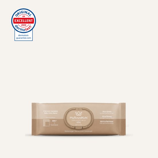 Verpakking beige MyRoyalKids XXL billendoekjes met Dermatest-keurmerk, extra groot, dik en 99% gezuiverd water.