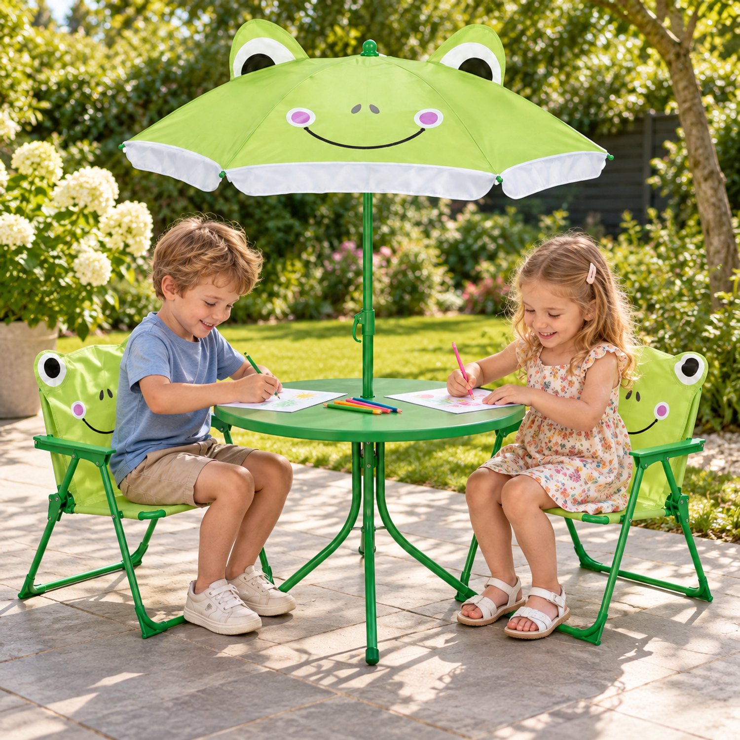 Kinder Tuinset met Parasol - Kikker - 4-delig - Tafel met 2 Inklapbare Kinderstoelen - Groen - Inclusief HEM Microvezeldoekje
