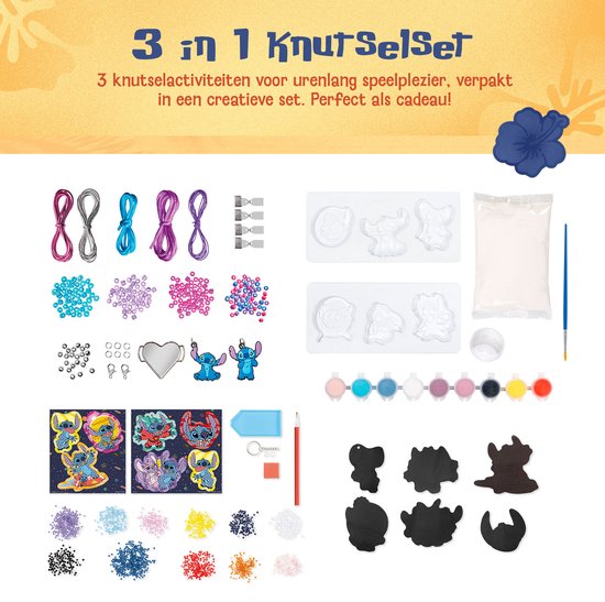 Disney Stitch 3-in-1 knutselset met kralen, gips, verf, kwastjes en Stitch-bedels voor drie activiteiten.
