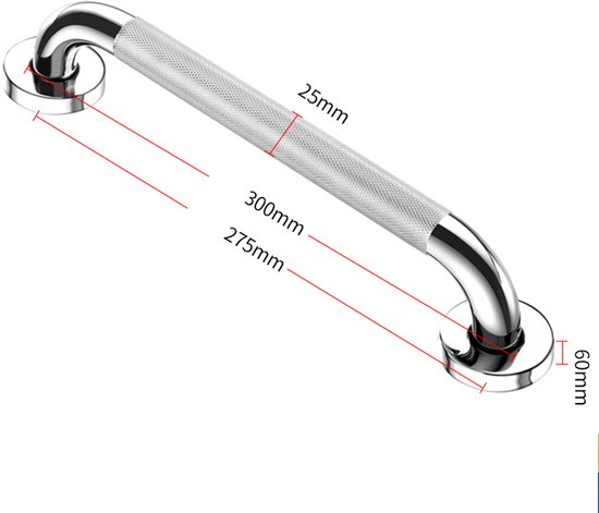 Technische tekening van een zilveren wandbeugel met aanduidingen van 300mm lengte, 25mm diameter en 60mm diepte.