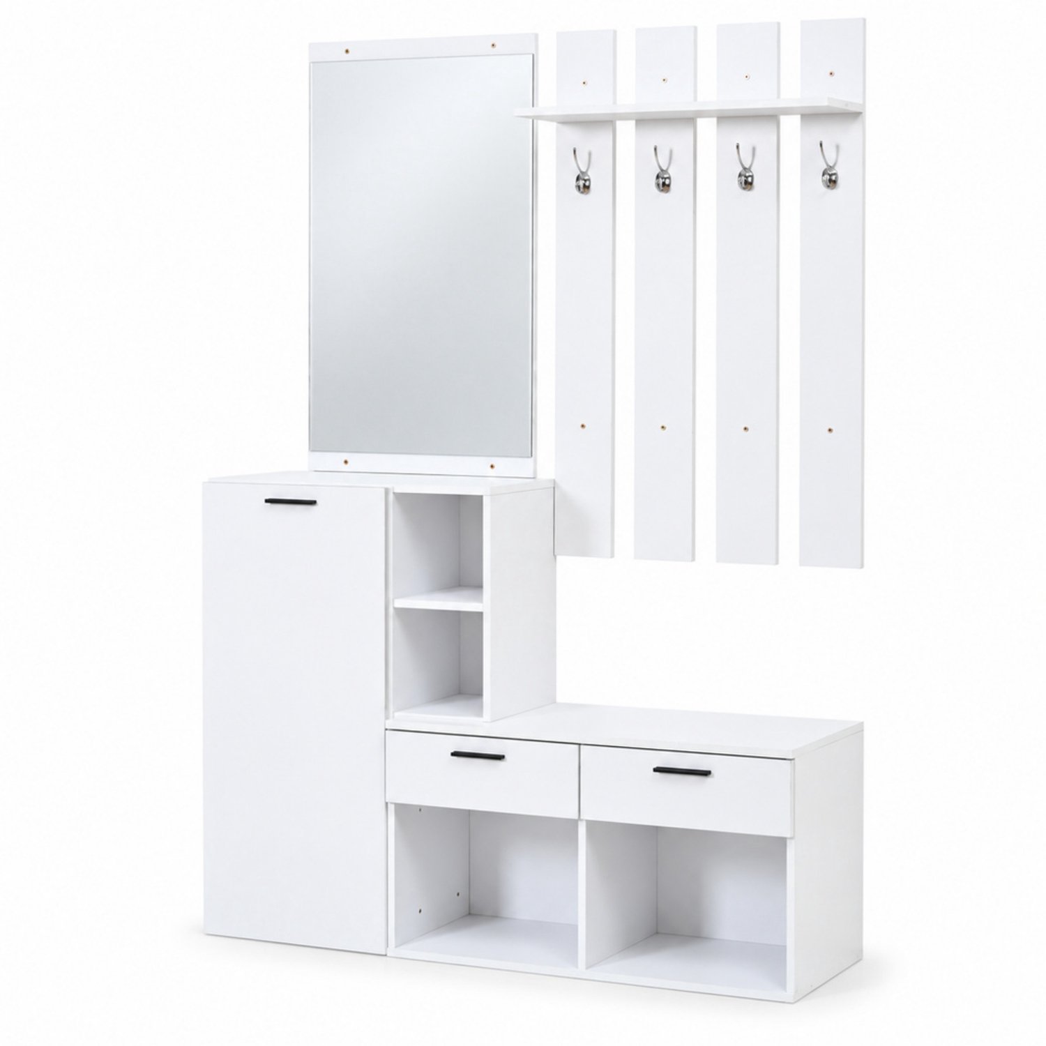 LONG DRAGON – Schoenenkast – Spiegel en schoenenbank, 4 haken en 2 lades – Wit – 120 × 35 × 175,5 cm