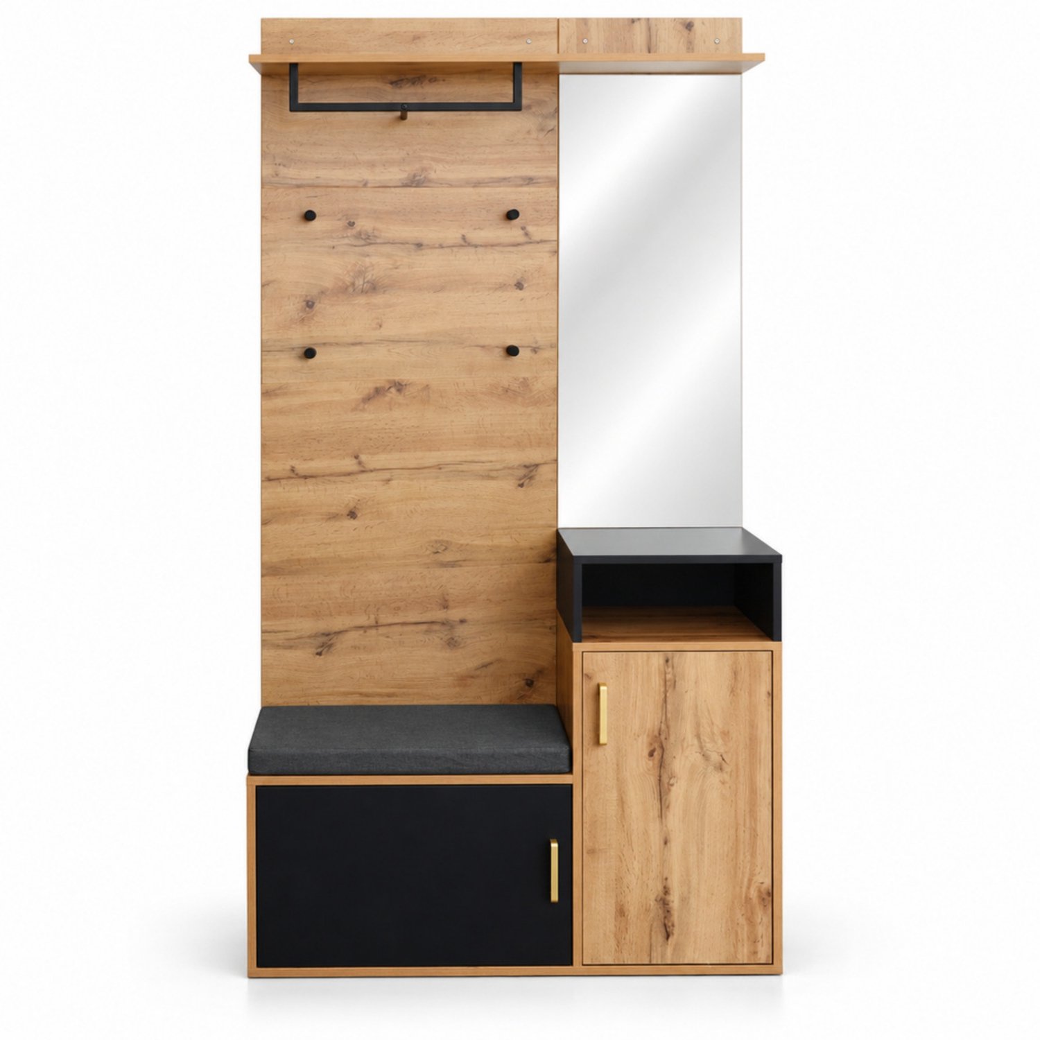 LONG DRAGON – Schoenenkast – Spiegel en zitbank, 4 haken en kledingstang – Zwart – 105 × 40 × 191,5 cm