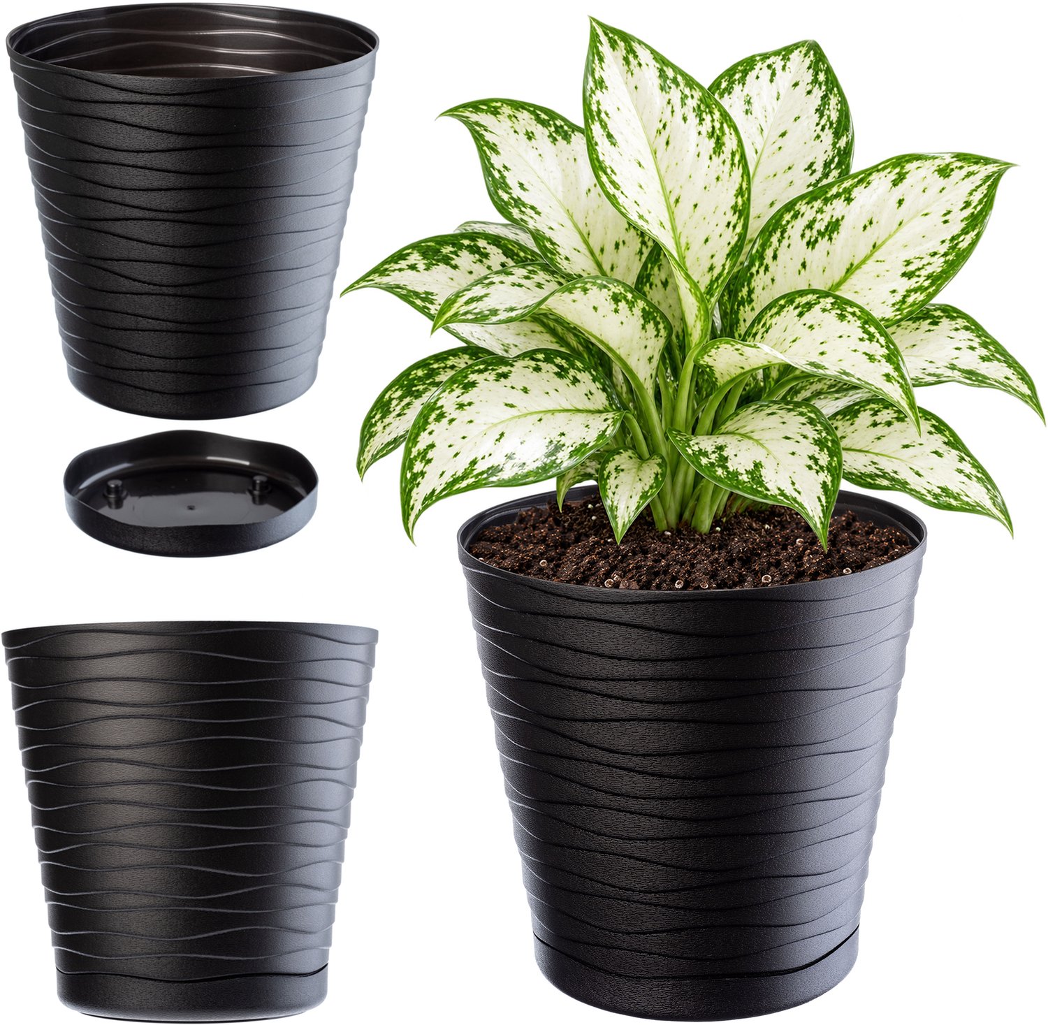 KADAX Bloempot met onderzetter, lichte ronde plantenbak voor binnen van kunststof, voor bloemen en planten (25 cm, antraciet)