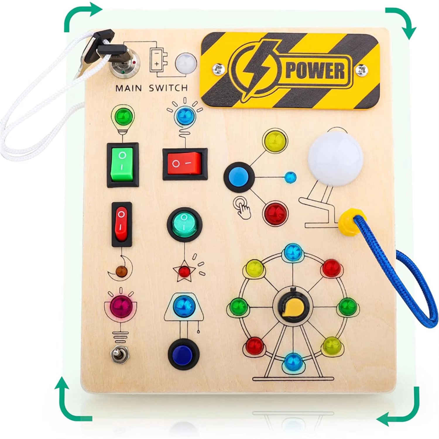 Montessori Busy Board voor Peuters, Houten Activiteitenbord met LED Lichtschakelaars - Educatief Sensorisch Speelgoed - Fijne Motoriek Babyspeelgoed - Cadeau voor Jongens en Meisjes van 2-5 jaar