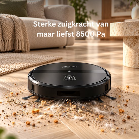Zwarte robotstofzuiger met sterke zuigkracht van 8500 Pa zuigt vuil op een houten vloer.