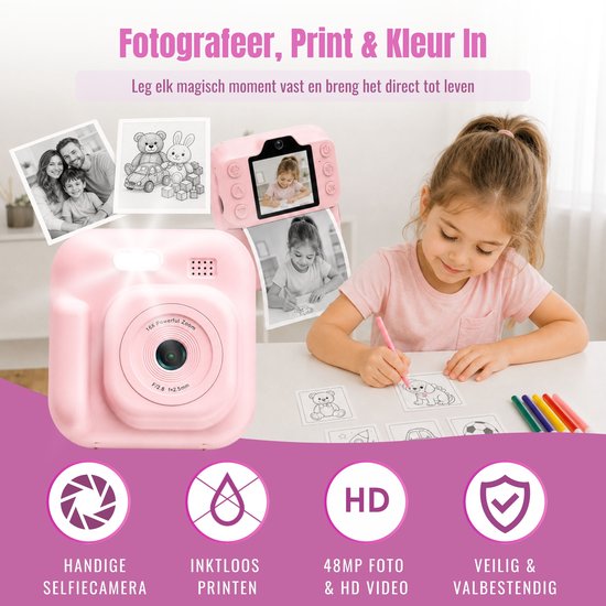 Impressora Térmica - Grote Kindercamera met foto printer - Instant camera - Digitale Camera Kinderen - Kinderfototoestel - Mini printer - Speelgoed camera - 48MP - Inclusief Cameratas + 4 papierrollen + 32GB sd kaart - Roze — cadeau in Spellen & Speelgoed - foto 8