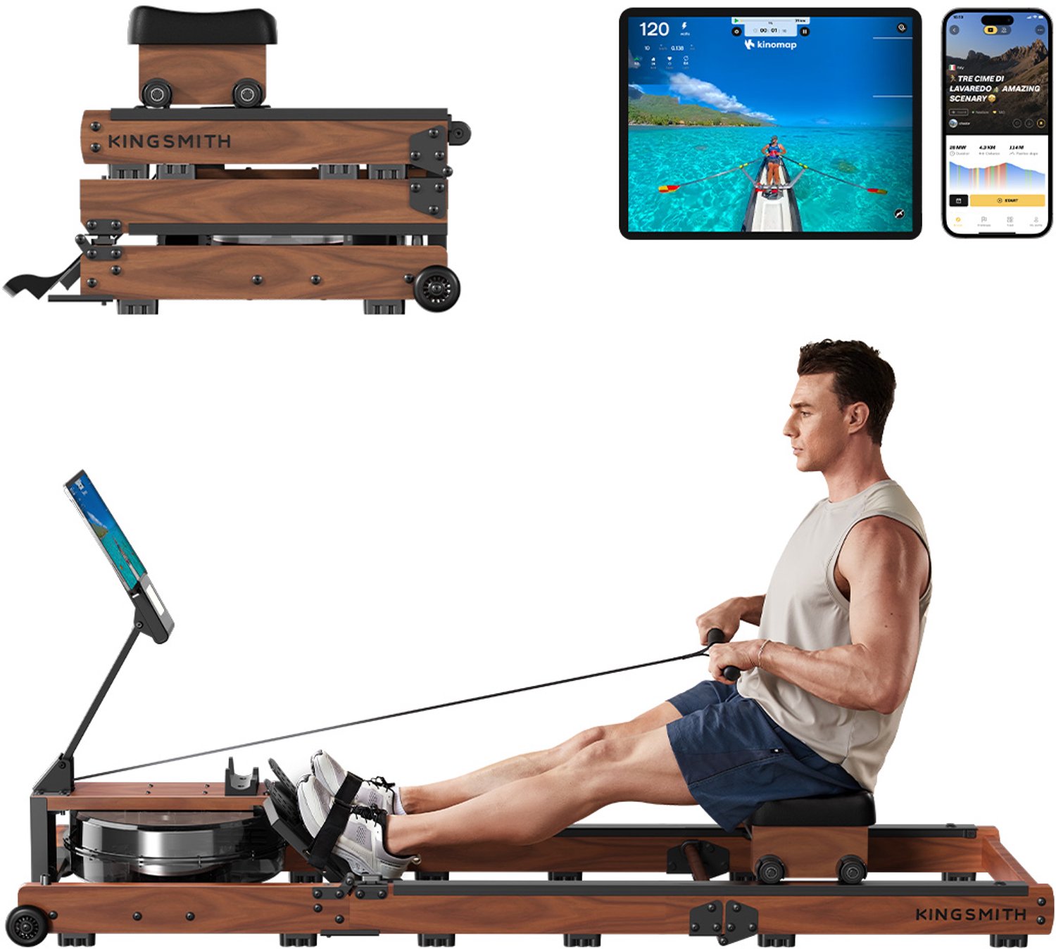 KingSmith WR3L - Opvouwbare Water roeitrainer - Massief Houten Frame - Stille Waterweerstand - Tri-fold Design - 2-in-1 Salontafel - Full Body Workout