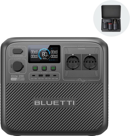 Grijze Bluetti Elite 200 powerstation met digitaal scherm, twee stopcontacten, USB-poorten en opbergset in hoesje.