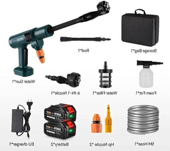 Hogedrukreiniger - Terrasreiniger - Waterpistool - Draadloze - Elektrische - 3500W - 200 Bar - 6-in-1 Spuitmond - Pressure Washer - Borstelloze - voor Auto en Tuin – Compatibel met 18V/21V Batterijen - inclusief 2 Accu — afbeelding 2