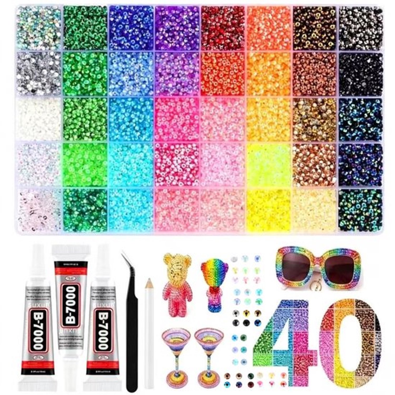Strasssteentjes Set - 40 Kleuren Resin Rhinestones DIY Kit - Plaksteentjes met Accessoires, voor Nagels, Kleding, Mokken & Schoenen Hobby Pakket - 0.3 cm