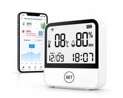 Wifi Temperatuur en Luchtvochtigheidssensor - 2.4 GHz - LCD Scherm - App Monitoring - Slimme Meldingen - Geschikt voor gebruik met meerdere smart home-platforms