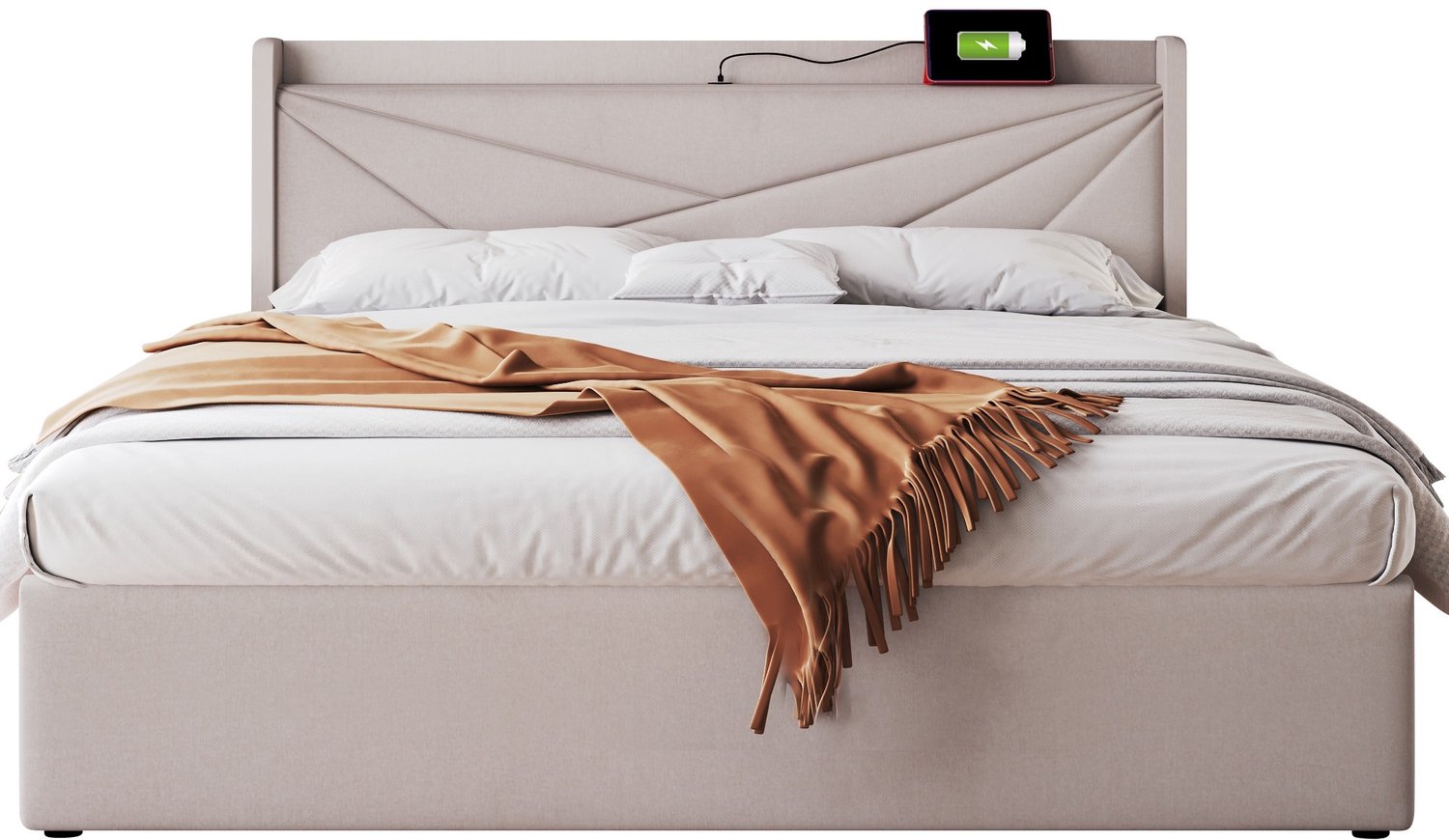 Gestoffeerd Bed 160x200 - Tweepersoonsbed Met Opbergruimte - Hoofdbord Met USB En USB-C - Lattenbodem En Katoen-Linnen Bekleding - Beige
