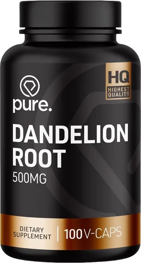 Zwarte pot Pure Dandelion Root 500mg supplement, 100 vegetarische capsules, met gouden labeldetails op zwarte achtergrond.