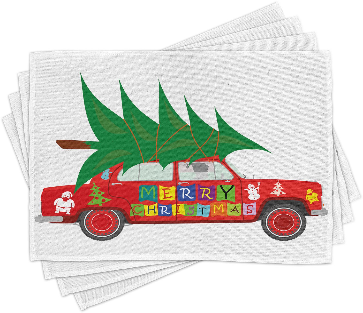 ABAKUHAUS Kerst Placemats Set van 4, Rood Vintage Auto Kerst Boom Vrolijke Viering Woorden en Sneeuwman Elf, Wasbare Stoffen Placemats voor de Eettafel, Standaardformaat, Vermiljoen en Wit