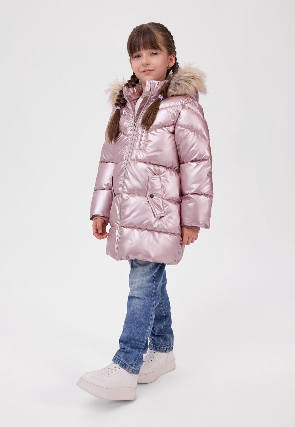 Minoti winterjas meisje – glanzende parka – rand van imitatiebont – lichtroze
