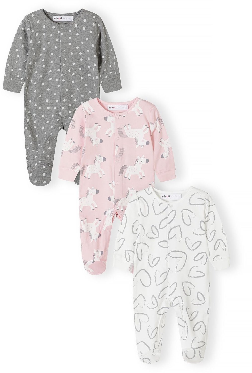 Minoti boxpakje baby – met voetjes – pony's – 3-pack – roze, grijs en crème