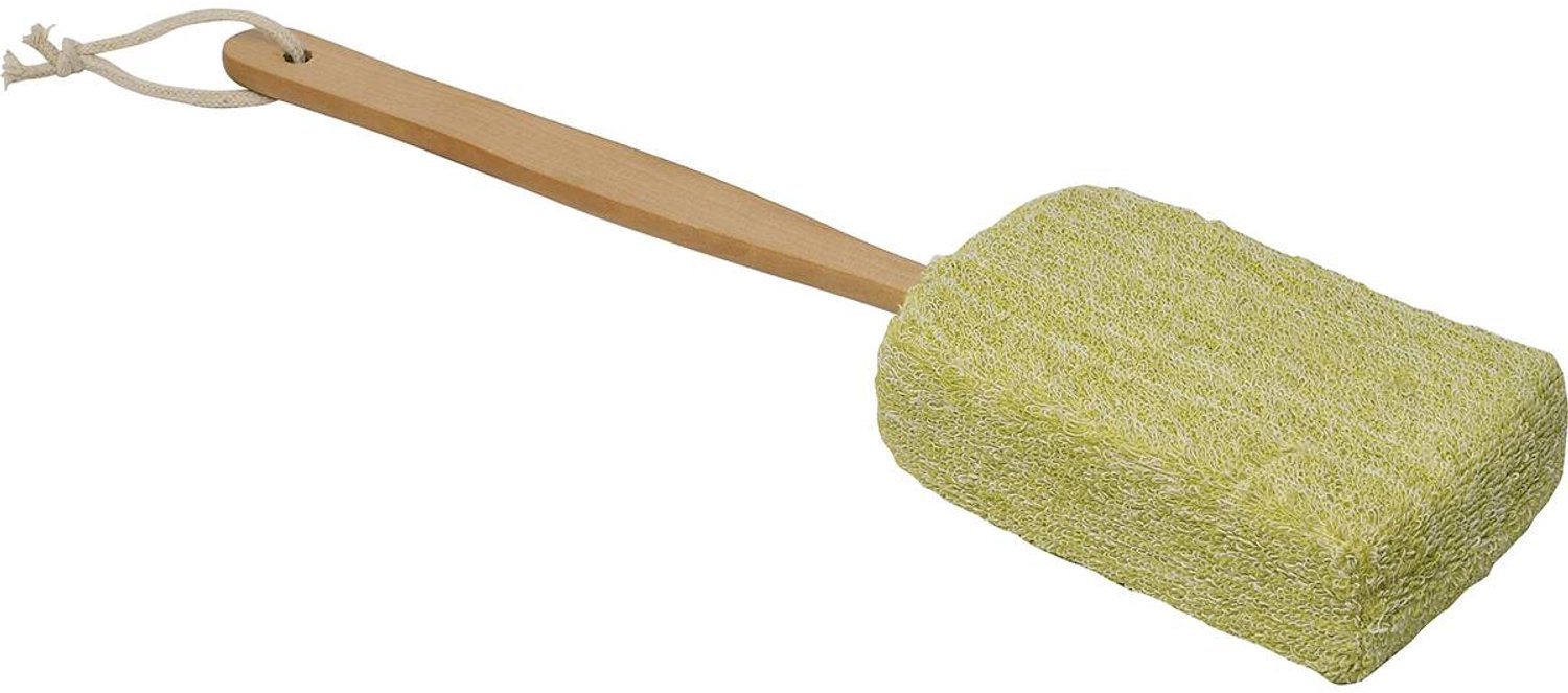 Éponge de bain en ramie avec manche en bois blanc et vert