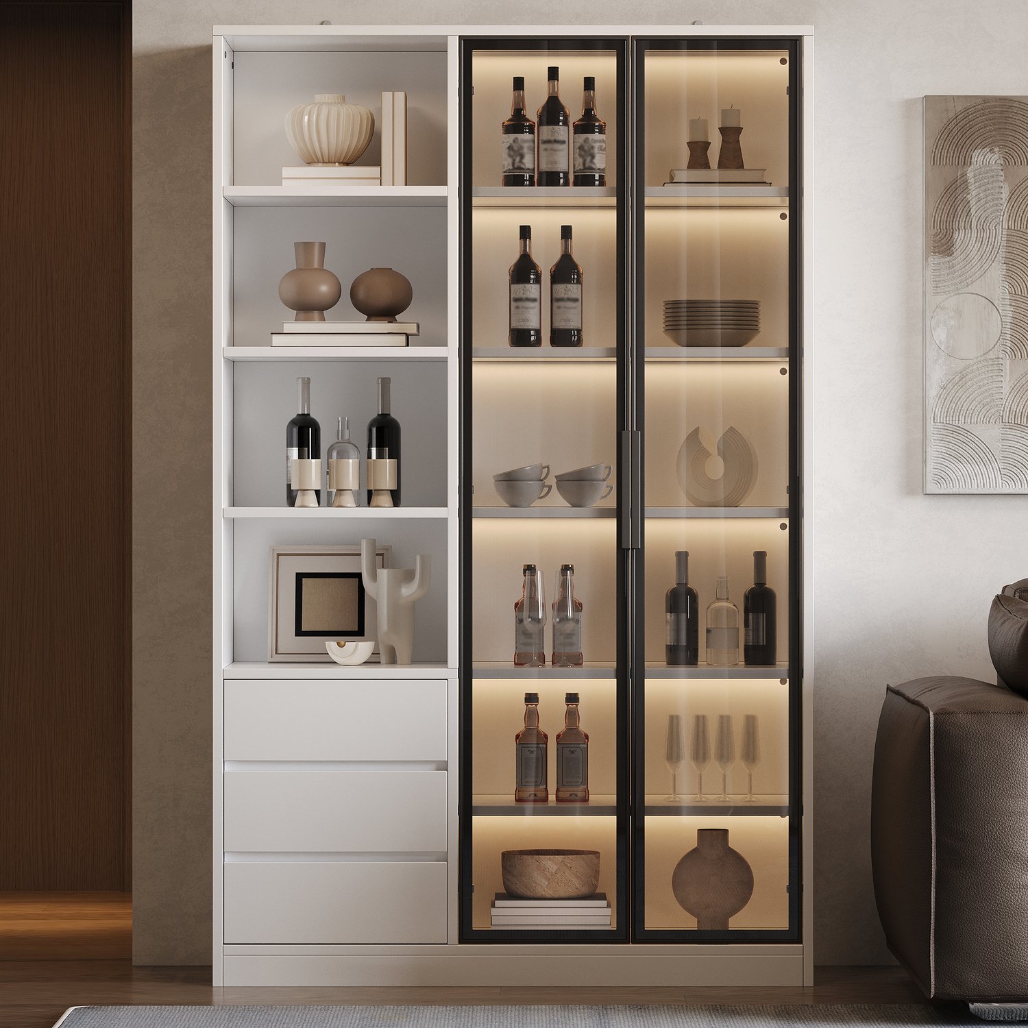 VVBV Glazen Vitrinekast met LED-Verlichting 100x35x160 cm – 3 Lades, Opbergruimte, Glazen Deuren – voor Woonkamer/Eetkamer – MDF, Spaanplaat – Wit