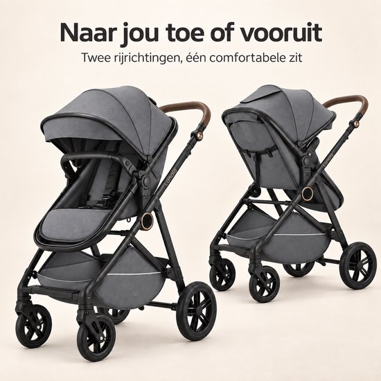 Lunola Noor Premium Kinderwagen 2 in 1 - Combi met Reiswieg en Omkeerbaar Zitje - Compact Inklapbaar - Wandelwagen voor 0 tot 3 Jaar - Grijs — afbeelding 3