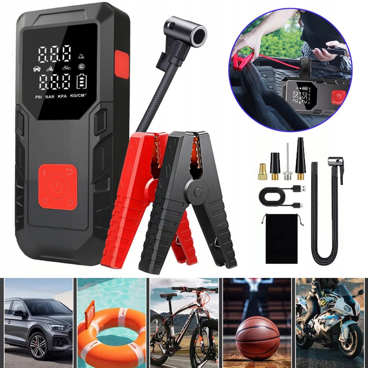 4-in-1 Jumpstarter 1000A met Luchtcompressor 99800mAh Powerbank - 12V Auto Starthulp voor Benzine Diesel - LED Zaklamp met SOS LCD Display - Draagbare Noodstartset voor Auto, Camper & Motor
