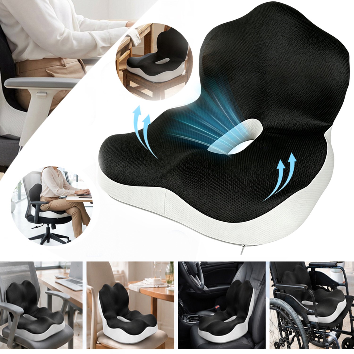 Zitkussen, Ergonomisch Zitkussen Van Traagschuim, Lendensteun Kussen, Verlicht Ischias en Stuitbeenpijn.